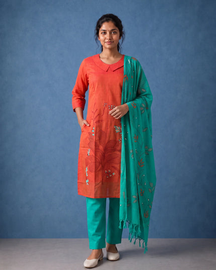 Premium Orange Printed Cotton 3PC Kurti Set with Floral Design & Collar Neck | Straight Pant & Printed Dupatta | Ready to Wear