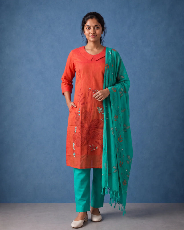 Premium Orange Printed Cotton 3PC Kurti Set with Floral Design & Collar Neck | Straight Pant & Printed Dupatta | Ready to Wear