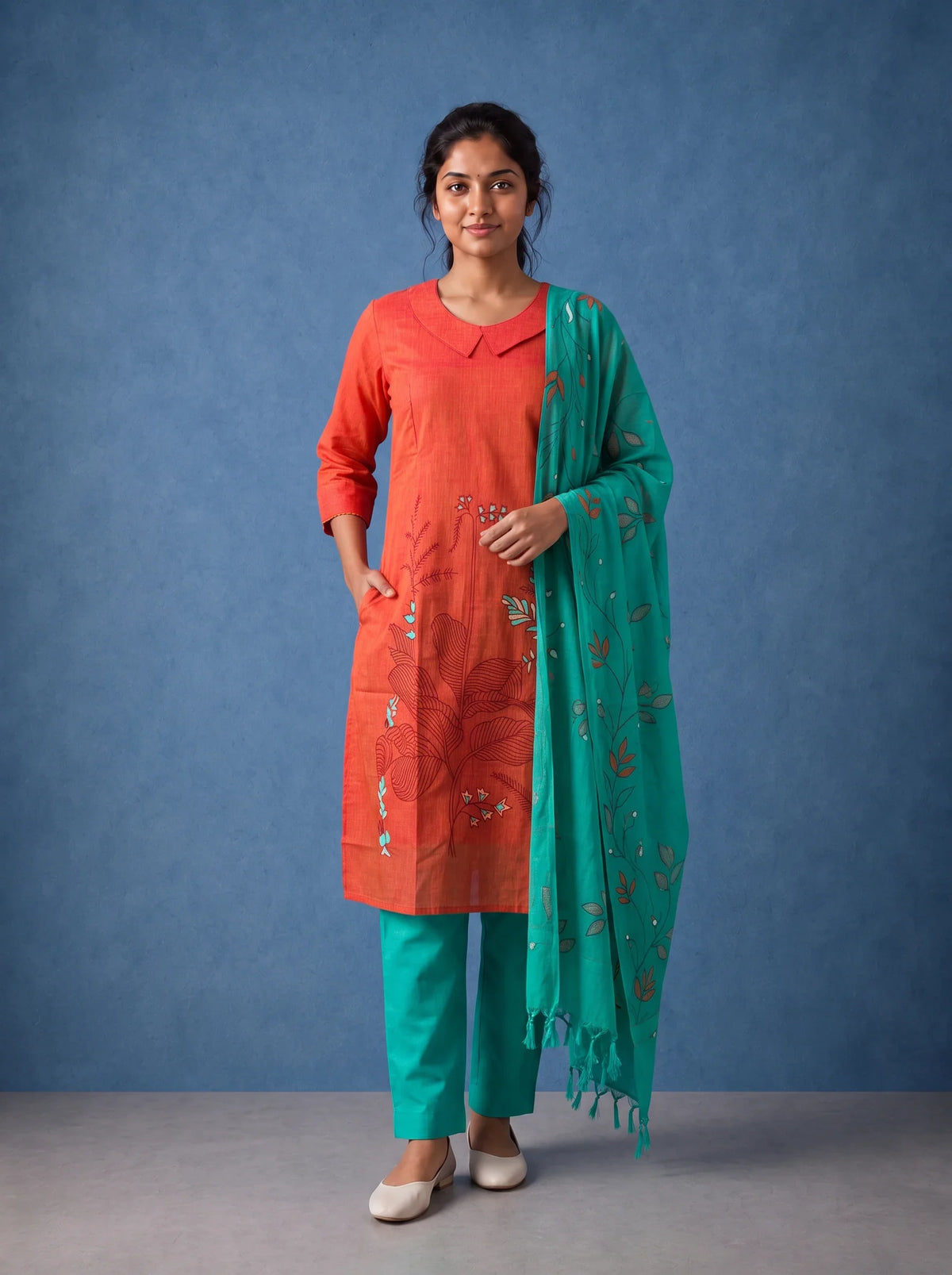 Premium Orange Printed Cotton 3PC Kurti Set with Floral Design & Collar Neck | Straight Pant & Printed Dupatta | Ready to Wear