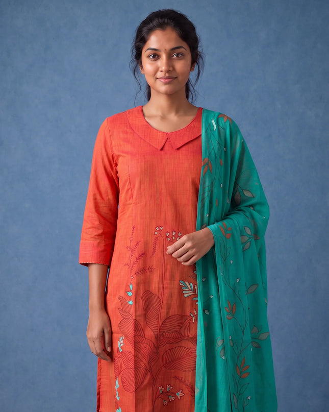 Premium Orange Printed Cotton 3PC Kurti Set with Floral Design & Collar Neck | Straight Pant & Printed Dupatta | Ready to Wear