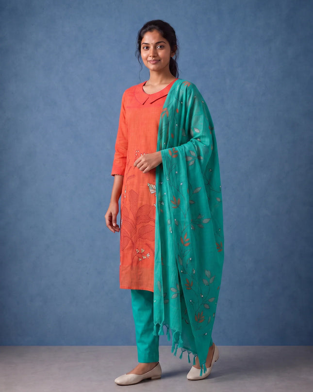 Premium Orange Printed Cotton 3PC Kurti Set with Floral Design & Collar Neck | Straight Pant & Printed Dupatta | Ready to Wear