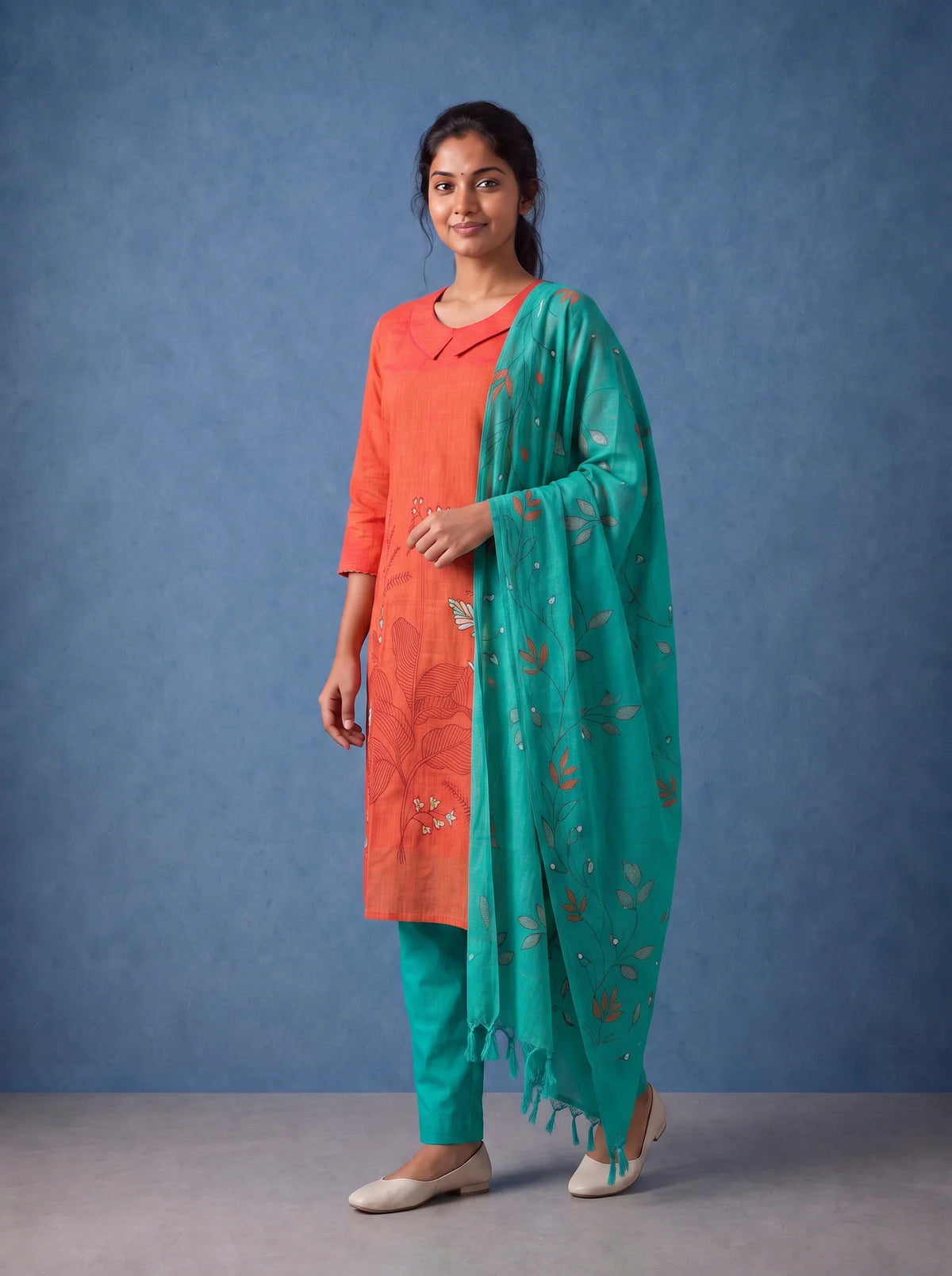 Premium Orange Printed Cotton 3PC Kurti Set with Floral Design & Collar Neck | Straight Pant & Printed Dupatta | Ready to Wear