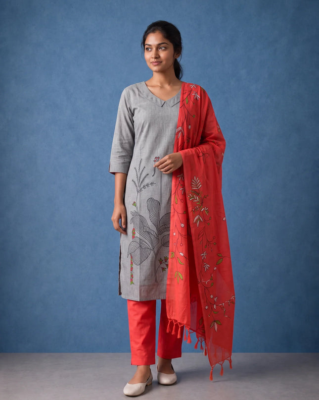 Premium Light Grey Printed Cotton 3PC Kurti Set with Floral Design & Collar Neck | Straight Pant & Printed Dupatta | Ready to Wear
