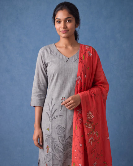 Premium Light Grey Printed Cotton 3PC Kurti Set with Floral Design & Collar Neck | Straight Pant & Printed Dupatta | Ready to Wear