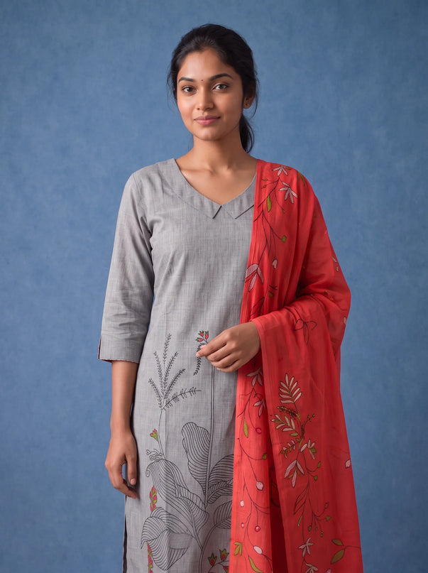 Premium Light Grey Printed Cotton 3PC Kurti Set with Floral Design & Collar Neck | Straight Pant & Printed Dupatta | Ready to Wear