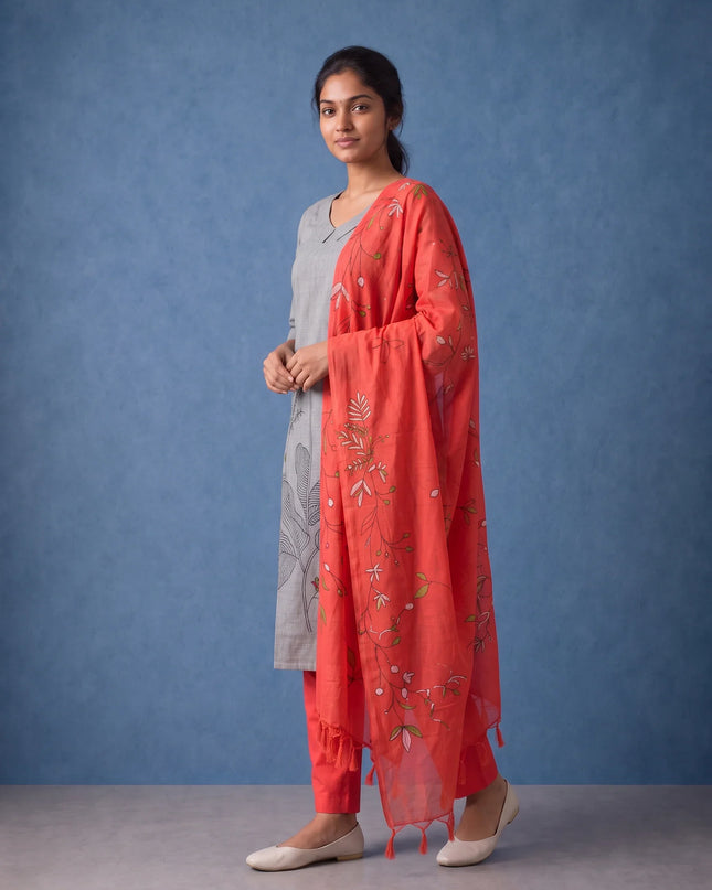 Premium Light Grey Printed Cotton 3PC Kurti Set with Floral Design & Collar Neck | Straight Pant & Printed Dupatta | Ready to Wear