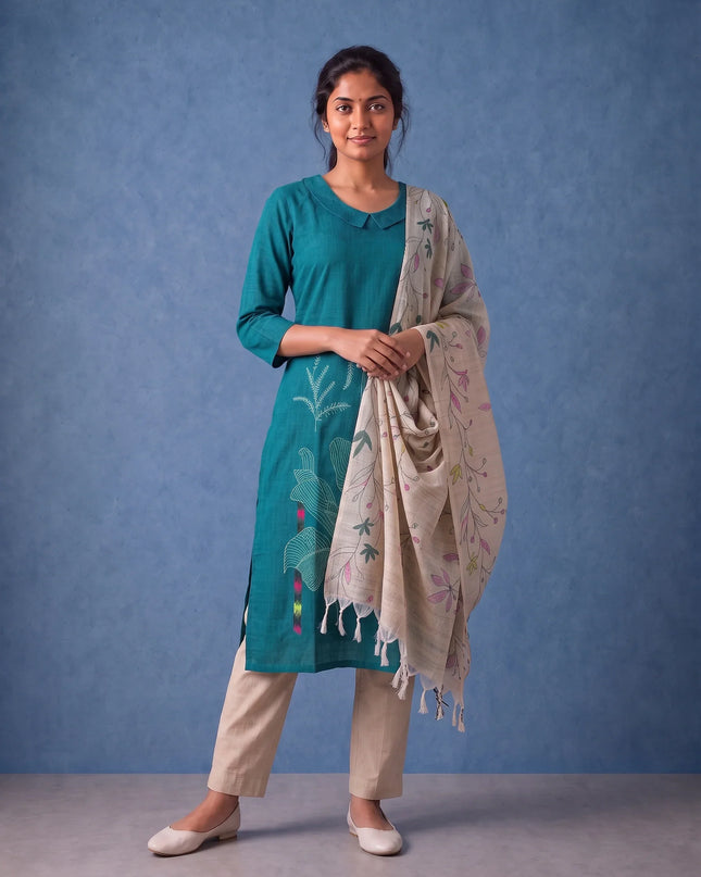 Premium Teal Blue Printed Cotton 3PC Kurti Set with Floral Design & Collar Neck | Straight Pant & Printed Dupatta | Ready to Wear