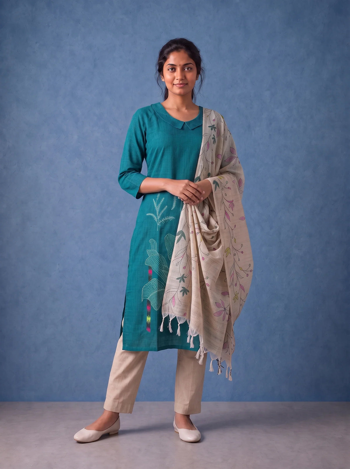 Premium Teal Blue Printed Cotton 3PC Kurti Set with Floral Design & Collar Neck | Straight Pant & Printed Dupatta | Ready to Wear