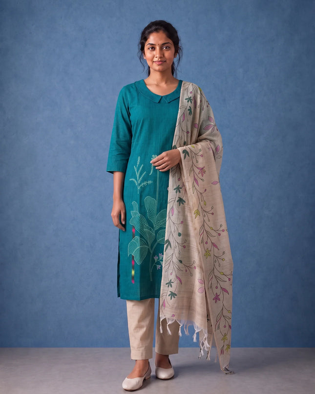 Premium Teal Blue Printed Cotton 3PC Kurti Set with Floral Design & Collar Neck | Straight Pant & Printed Dupatta | Ready to Wear