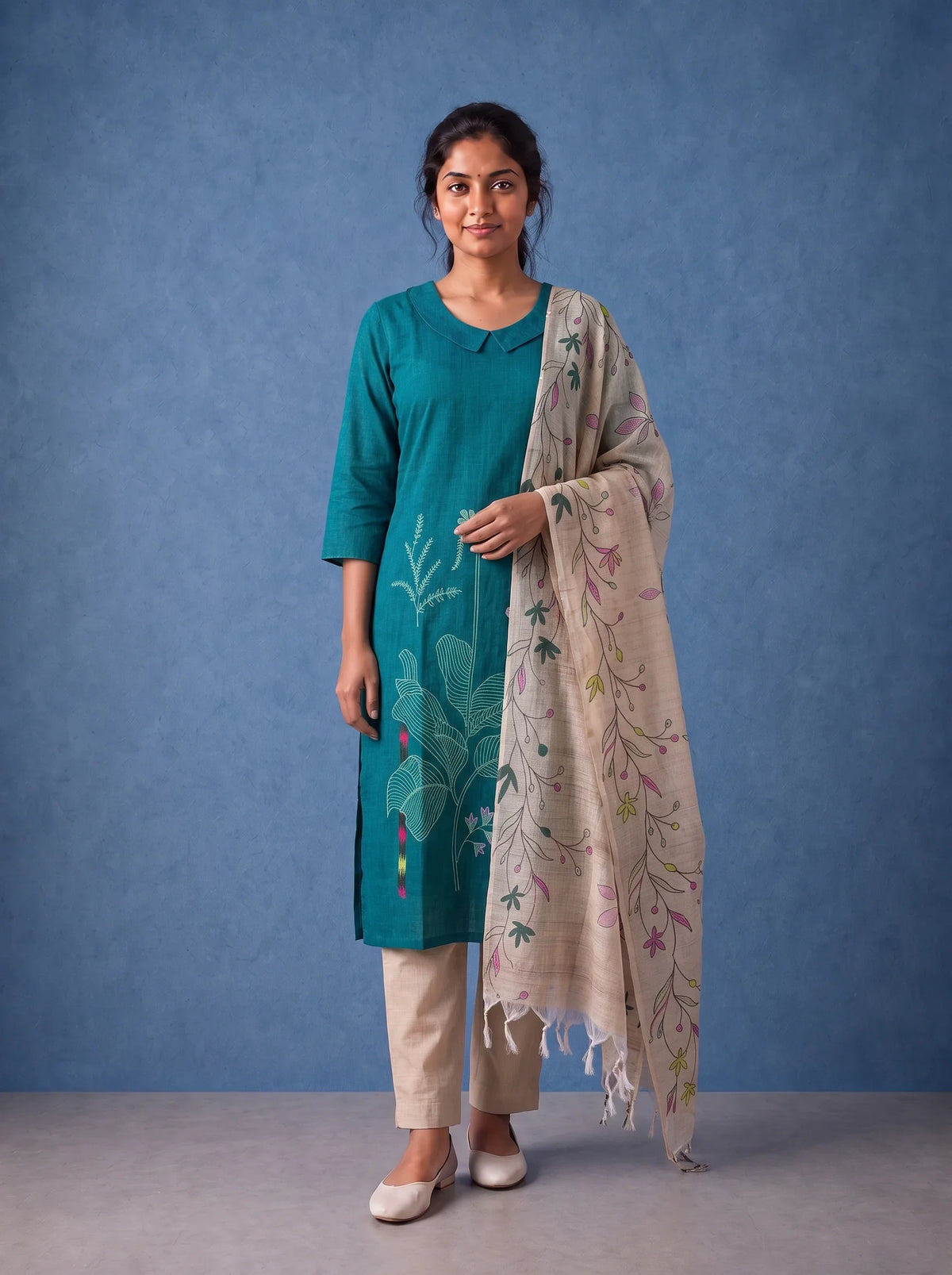 Premium Teal Blue Printed Cotton 3PC Kurti Set with Floral Design & Collar Neck | Straight Pant & Printed Dupatta | Ready to Wear