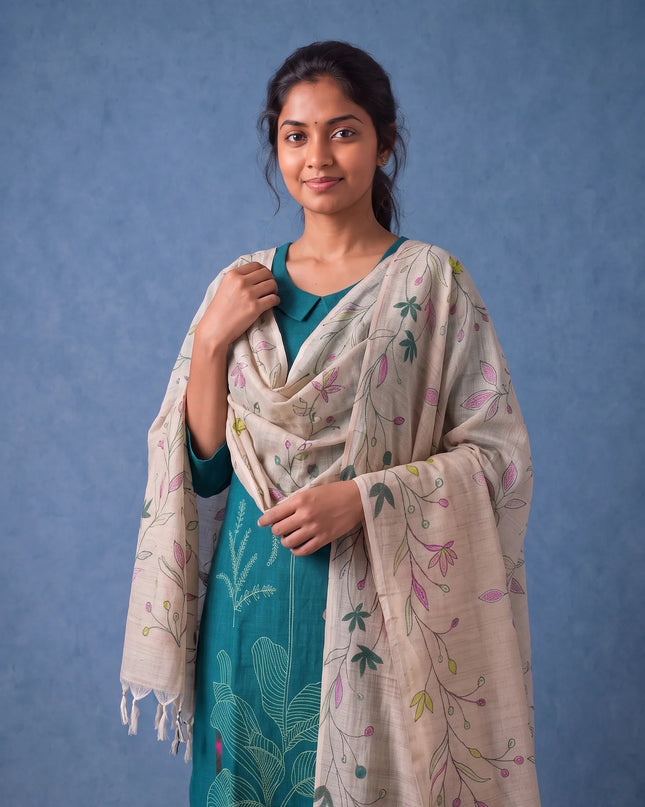 Premium Teal Blue Printed Cotton 3PC Kurti Set with Floral Design & Collar Neck | Straight Pant & Printed Dupatta | Ready to Wear