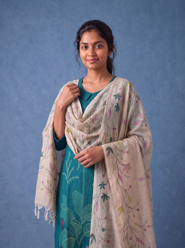 Premium Teal Blue Printed Cotton 3PC Kurti Set with Floral Design & Collar Neck | Straight Pant & Printed Dupatta | Ready to Wear