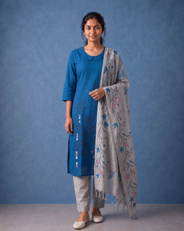 Premium Royal Blue Printed Cotton 3PC Kurti Set with Floral Design & Collar Neck | Straight Pant & Printed Dupatta | Ready to Wear