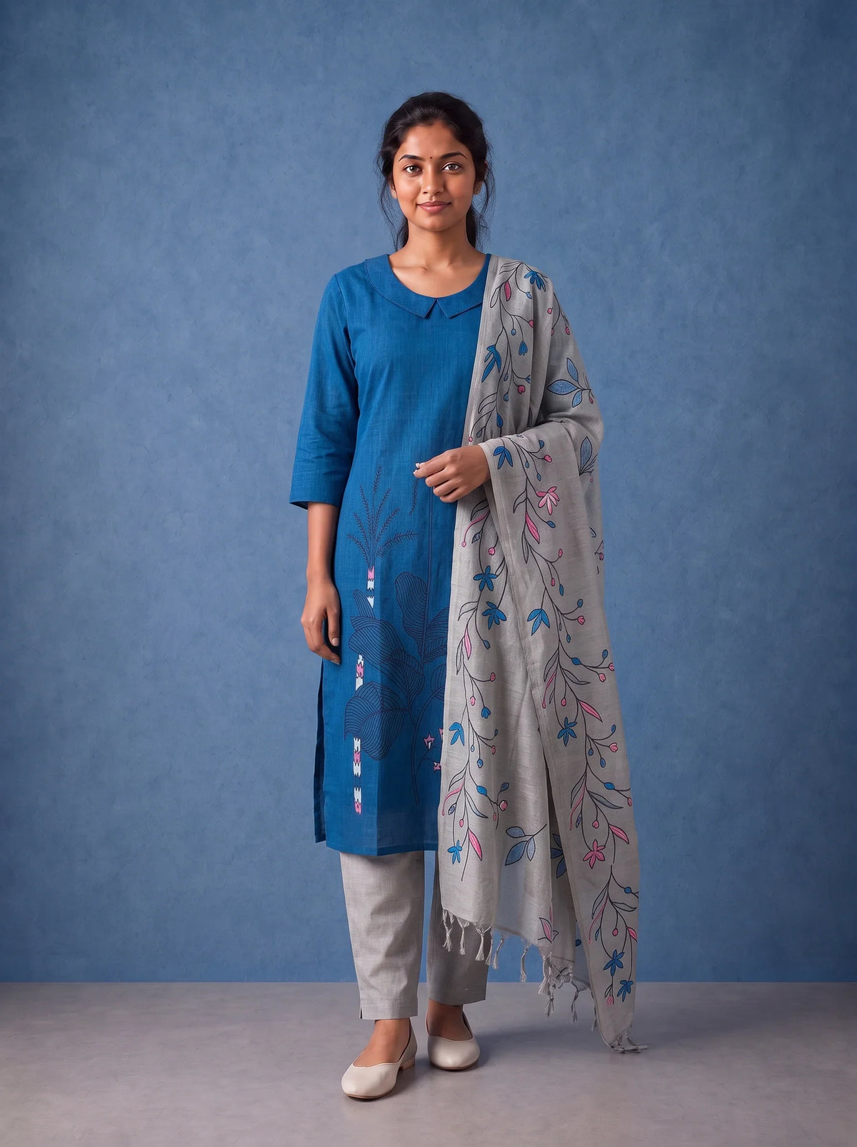 Premium Royal Blue Printed Cotton 3PC Kurti Set with Floral Design & Collar Neck | Straight Pant & Printed Dupatta | Ready to Wear