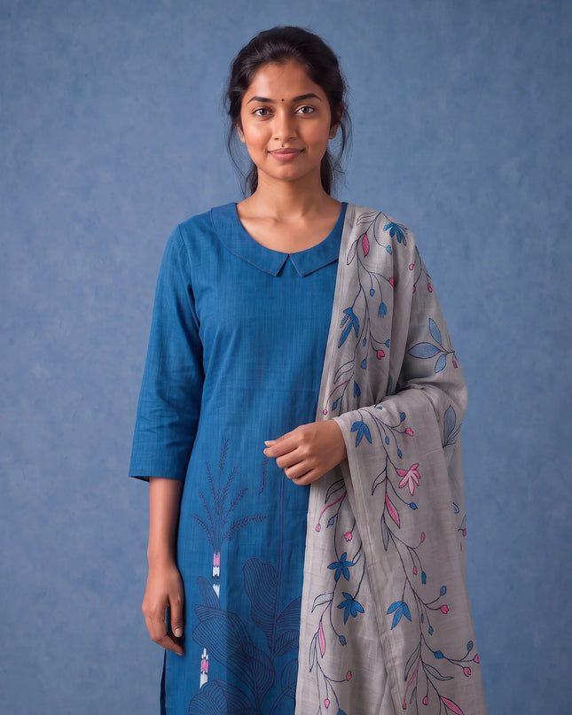 Premium Royal Blue Printed Cotton 3PC Kurti Set with Floral Design & Collar Neck | Straight Pant & Printed Dupatta | Ready to Wear