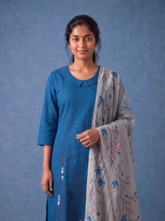 Premium Royal Blue Printed Cotton 3PC Kurti Set with Floral Design & Collar Neck | Straight Pant & Printed Dupatta | Ready to Wear