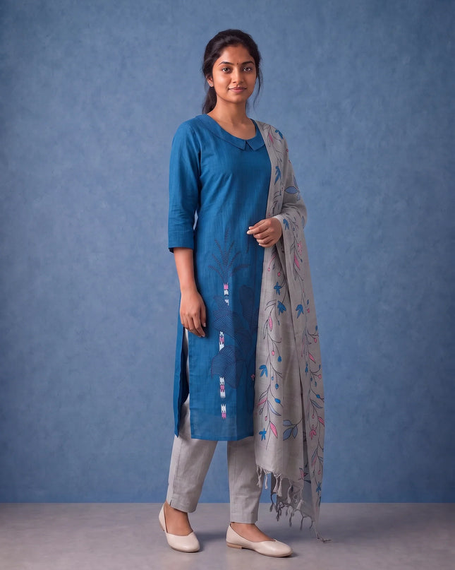 Premium Royal Blue Printed Cotton 3PC Kurti Set with Floral Design & Collar Neck | Straight Pant & Printed Dupatta | Ready to Wear