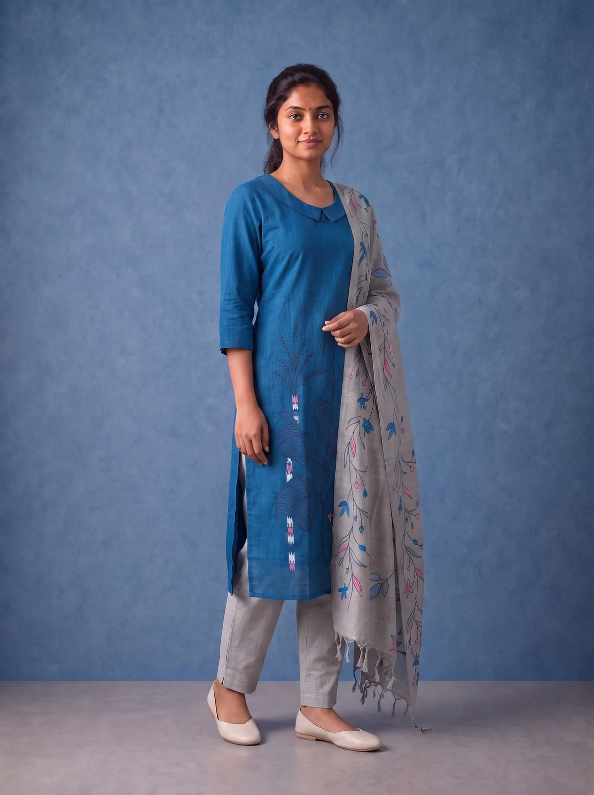 Premium Royal Blue Printed Cotton 3PC Kurti Set with Floral Design & Collar Neck | Straight Pant & Printed Dupatta | Ready to Wear