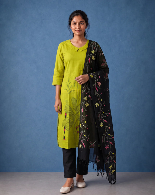 Premium Lime Green Printed Cotton 3PC Kurti Set with Floral Design & Collar Neck | Straight Pant & Printed Dupatta | Ready to Wear