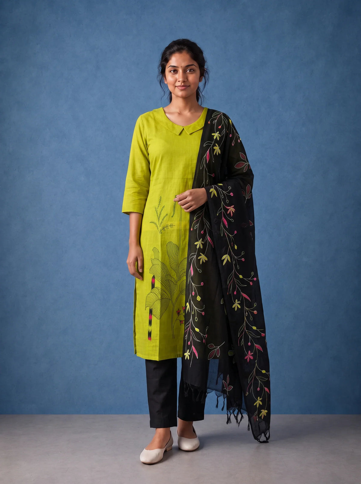 Premium Lime Green Printed Cotton 3PC Kurti Set with Floral Design & Collar Neck | Straight Pant & Printed Dupatta | Ready to Wear