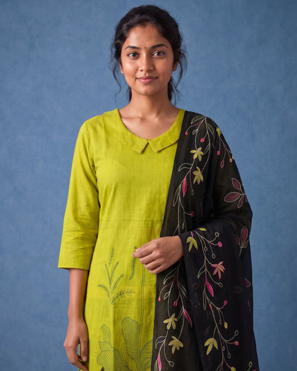 Premium Lime Green Printed Cotton 3PC Kurti Set with Floral Design & Collar Neck | Straight Pant & Printed Dupatta | Ready to Wear