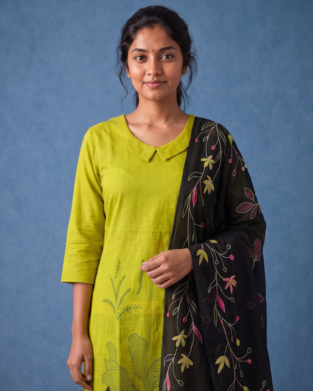 Premium Lime Green Printed Cotton 3PC Kurti Set with Floral Design & Collar Neck | Straight Pant & Printed Dupatta | Ready to Wear