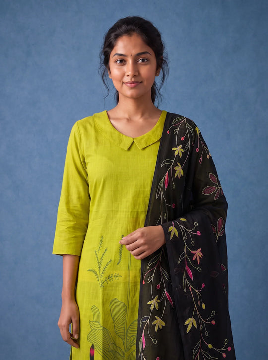 Premium Lime Green Printed Cotton 3PC Kurti Set with Floral Design & Collar Neck | Straight Pant & Printed Dupatta | Ready to Wear