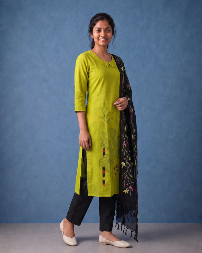 Premium Lime Green Printed Cotton 3PC Kurti Set with Floral Design & Collar Neck | Straight Pant & Printed Dupatta | Ready to Wear