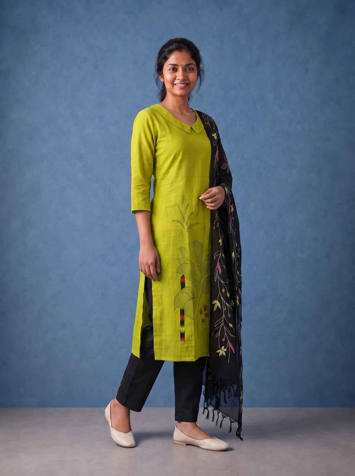 Premium Lime Green Printed Cotton 3PC Kurti Set with Floral Design & Collar Neck | Straight Pant & Printed Dupatta | Ready to Wear