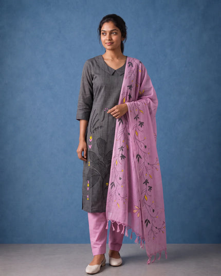 Premium Dark Grey Printed Cotton 3PC Kurti Set with Floral Design & Collar Neck | Straight Pant & Printed Dupatta | Ready to Wear