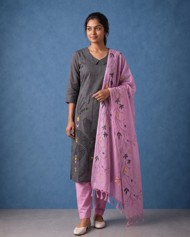 Premium Dark Grey Printed Cotton 3PC Kurti Set with Floral Design & Collar Neck | Straight Pant & Printed Dupatta | Ready to Wear