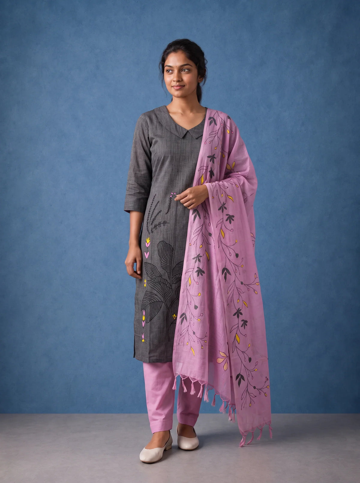 Premium Dark Grey Printed Cotton 3PC Kurti Set with Floral Design & Collar Neck | Straight Pant & Printed Dupatta | Ready to Wear