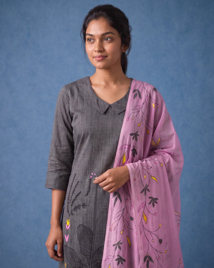 Premium Dark Grey Printed Cotton 3PC Kurti Set with Floral Design & Collar Neck | Straight Pant & Printed Dupatta | Ready to Wear