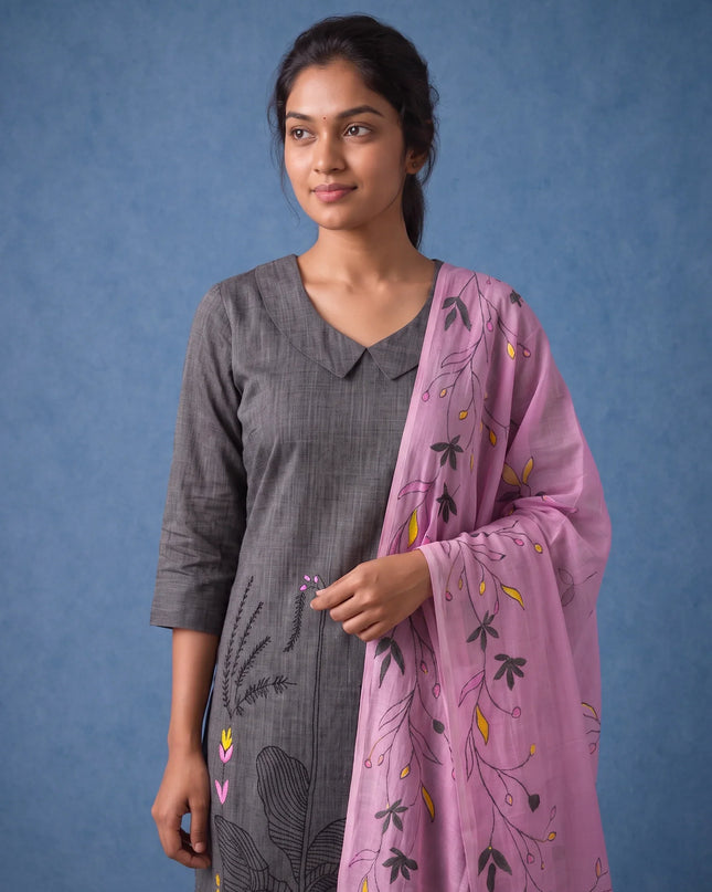 Premium Dark Grey Printed Cotton 3PC Kurti Set with Floral Design & Collar Neck | Straight Pant & Printed Dupatta | Ready to Wear