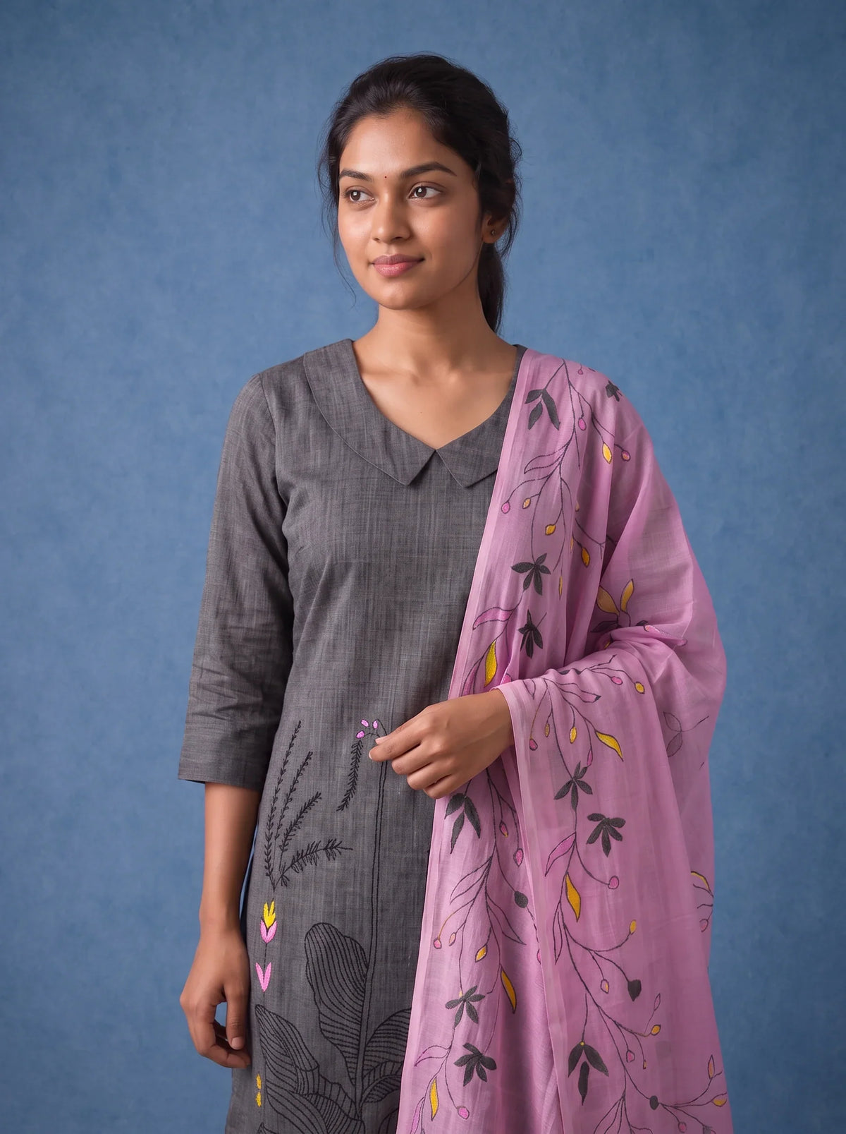Premium Dark Grey Printed Cotton 3PC Kurti Set with Floral Design & Collar Neck | Straight Pant & Printed Dupatta | Ready to Wear