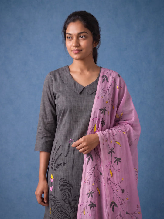 Premium Dark Grey Printed Cotton 3PC Kurti Set with Floral Design & Collar Neck | Straight Pant & Printed Dupatta | Ready to Wear