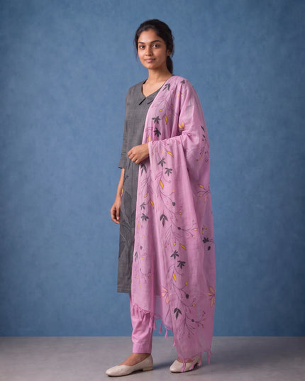 Premium Dark Grey Printed Cotton 3PC Kurti Set with Floral Design & Collar Neck | Straight Pant & Printed Dupatta | Ready to Wear