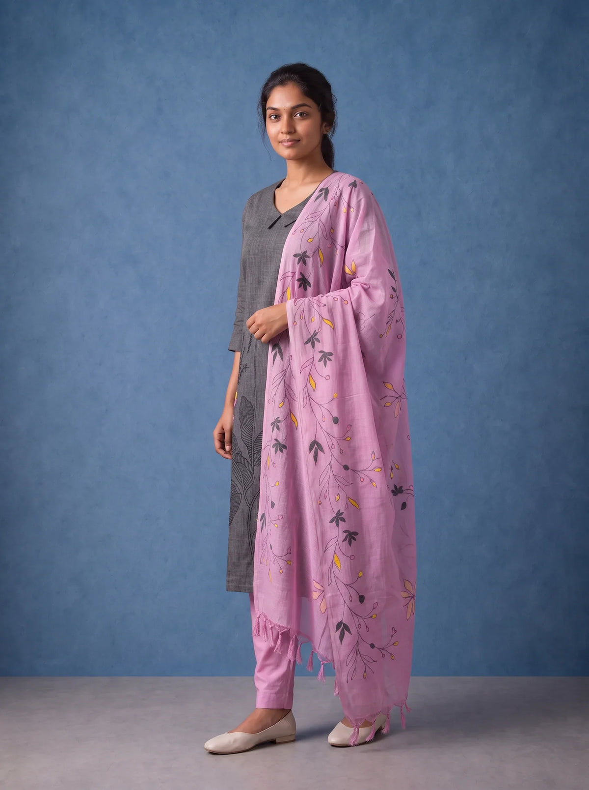 Premium Dark Grey Printed Cotton 3PC Kurti Set with Floral Design & Collar Neck | Straight Pant & Printed Dupatta | Ready to Wear