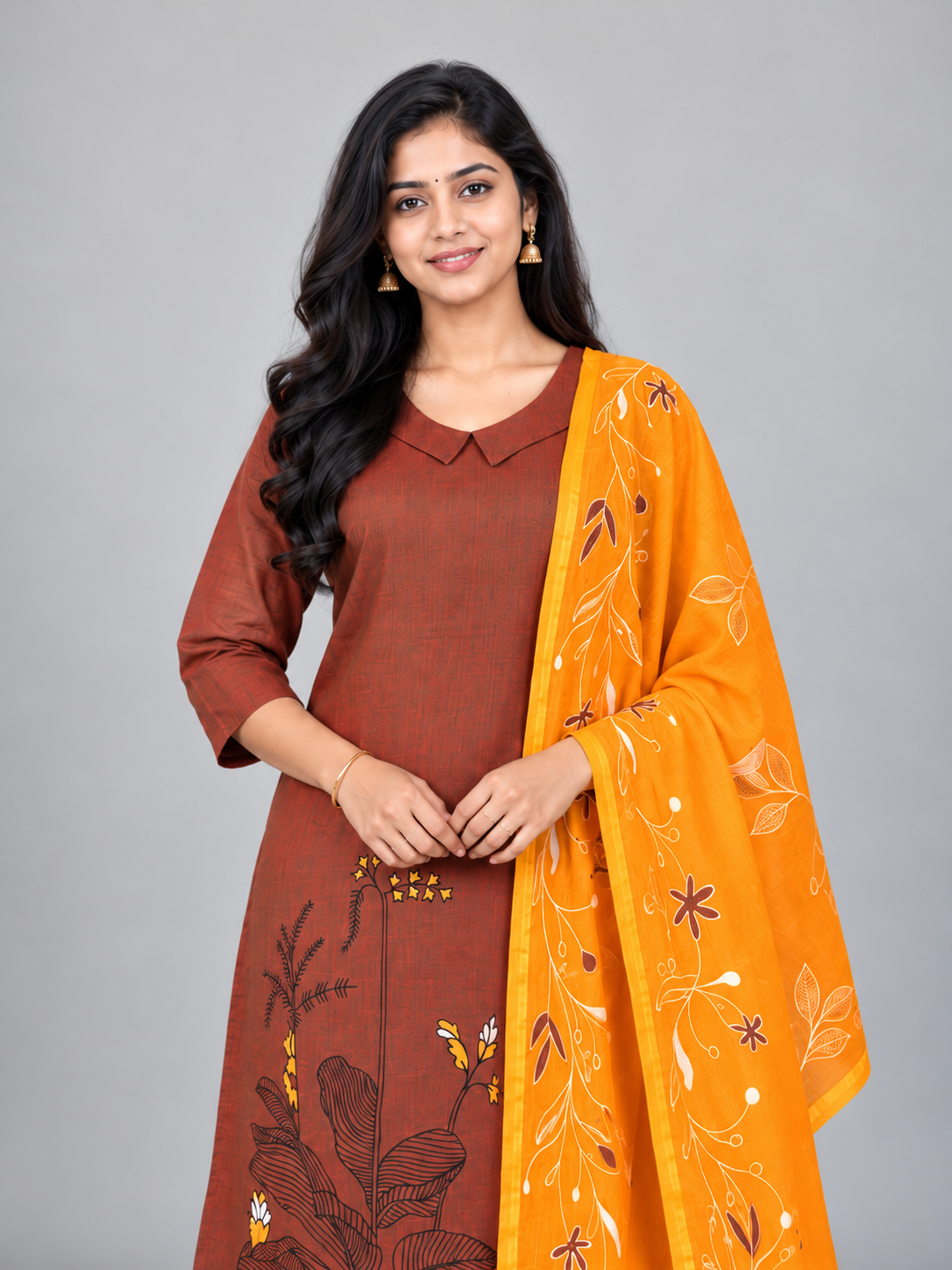 Premium Rust Brown Printed Cotton 3PC Kurti Set with Floral Design & Collar Neck | Straight Pant & Printed Dupatta | Ready to Wear