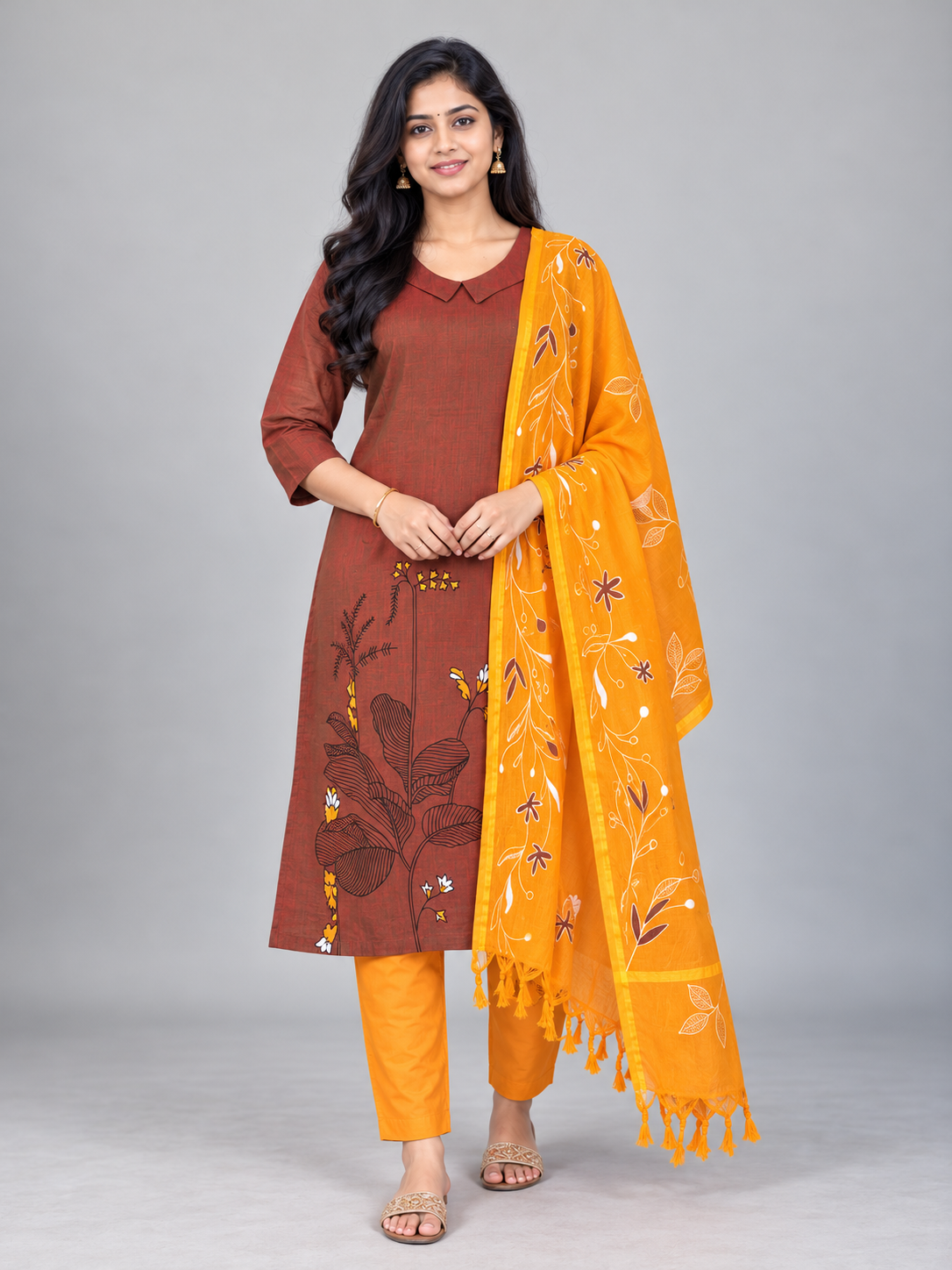 Premium Rust Brown Printed Cotton 3PC Kurti Set with Floral Design & Collar Neck | Straight Pant & Printed Dupatta | Ready to Wear