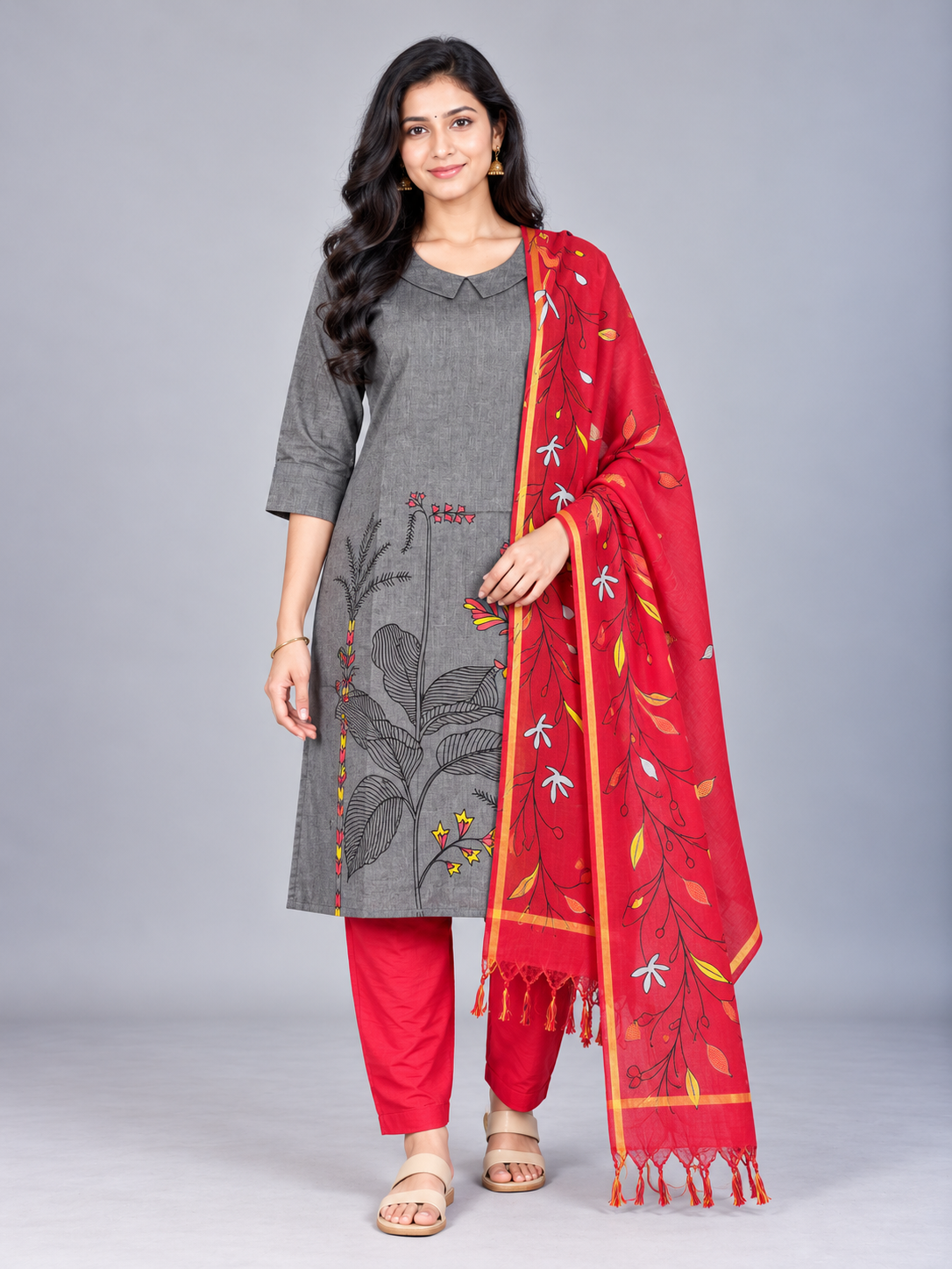 Premium Grey Printed Cotton 3PC Kurti Set with Floral Design & Collar Neck | Straight Pant & Printed Dupatta | Ready to Wear