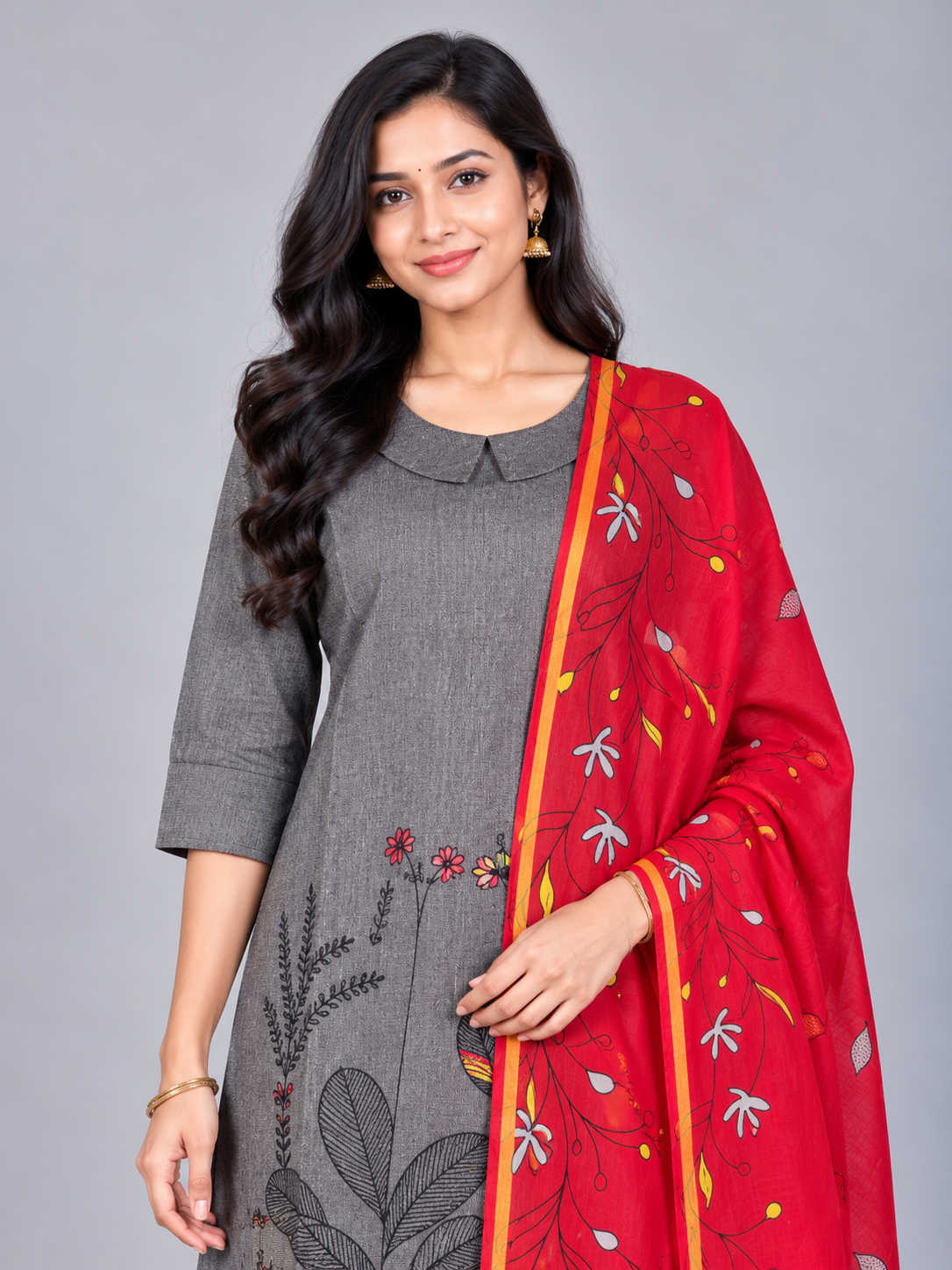 Premium Grey Printed Cotton 3PC Kurti Set with Floral Design & Collar Neck | Straight Pant & Printed Dupatta | Ready to Wear