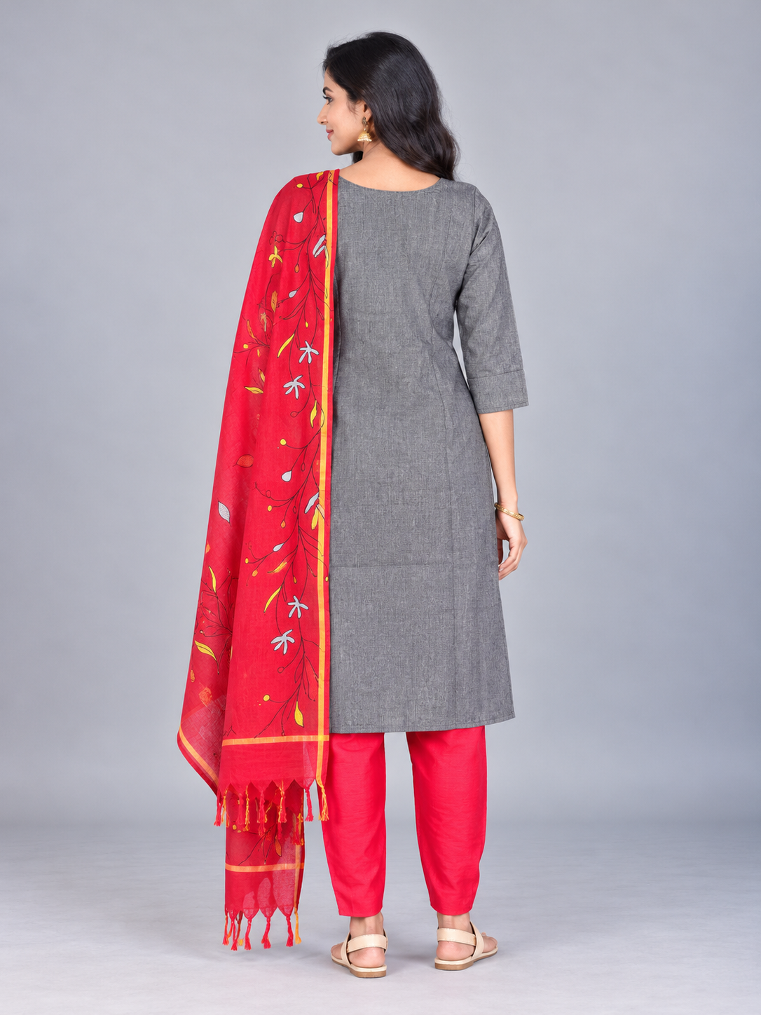 Premium Grey Printed Cotton 3PC Kurti Set with Floral Design & Collar Neck | Straight Pant & Printed Dupatta | Ready to Wear
