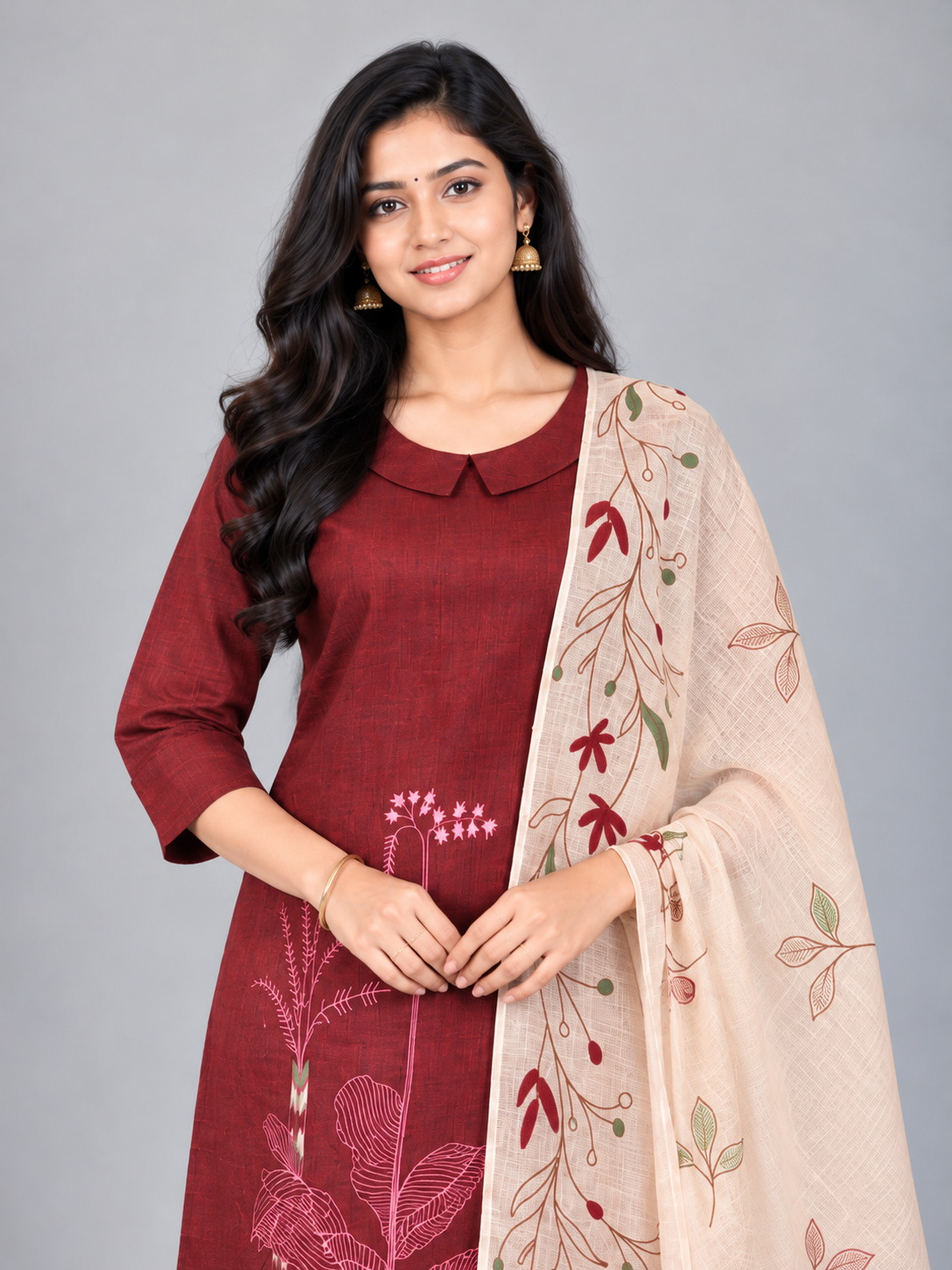 Premium Maroon Printed Cotton 3PC Kurti Set with Floral Design & Collar Neck | Straight Pant & Printed Dupatta | Ready to Wear