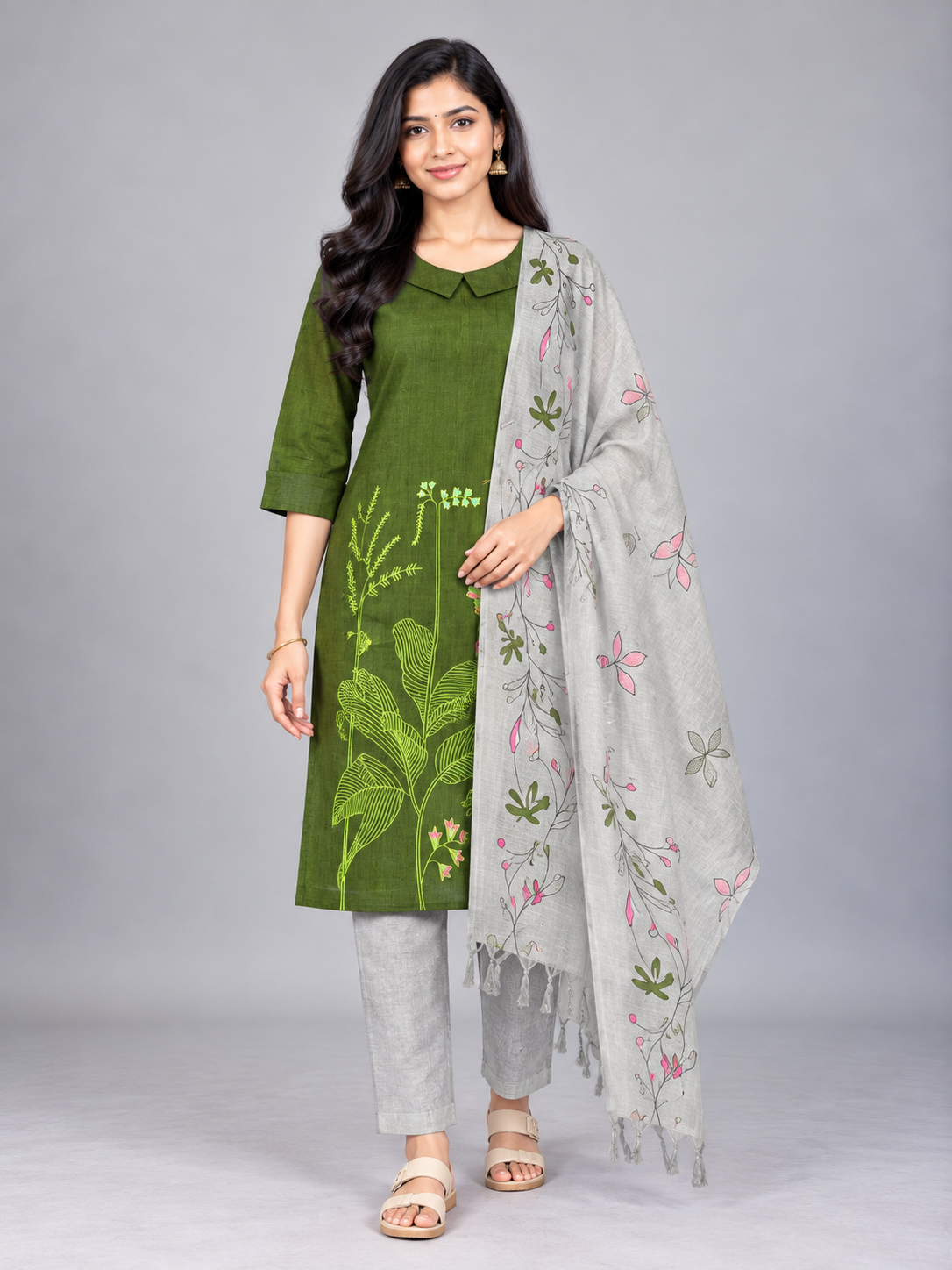 Premium Olive Green Printed Cotton 3PC Kurti Set with Floral Design & Collar Neck | Straight Pant & Printed Grey Dupatta | Ready to Wear