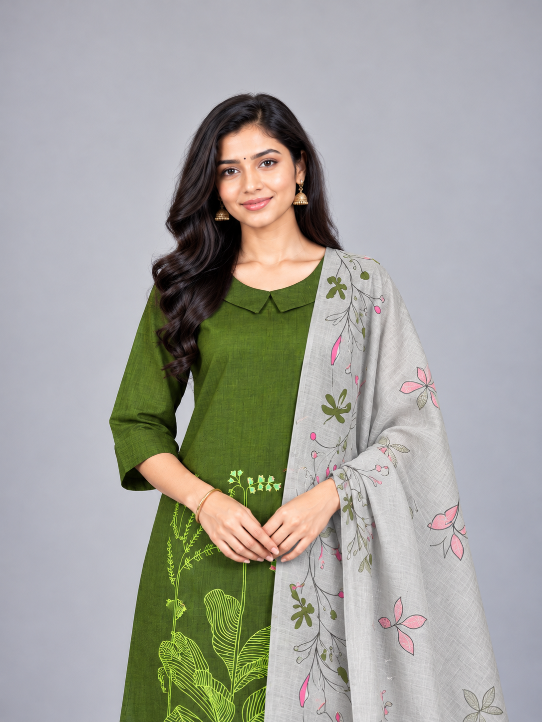 Premium Olive Green Printed Cotton 3PC Kurti Set with Floral Design & Collar Neck | Straight Pant & Printed Grey Dupatta | Ready to Wear