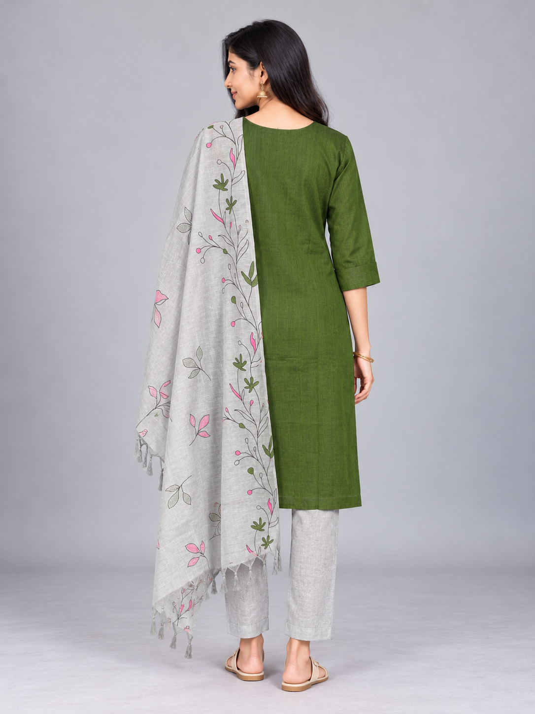 Premium Olive Green Printed Cotton 3PC Kurti Set with Floral Design & Collar Neck | Straight Pant & Printed Grey Dupatta | Ready to Wear