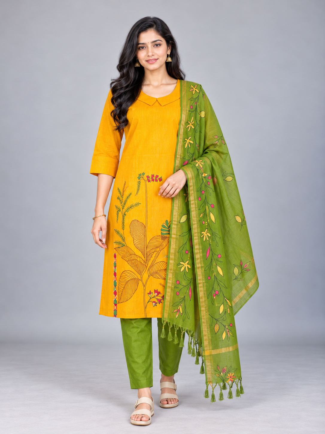 Premium Mustard Yellow Printed Cotton 3PC Kurti Set with Floral Design & Collar Neck | Straight Pant & Olive Green Printed Dupatta | Ready to Wear