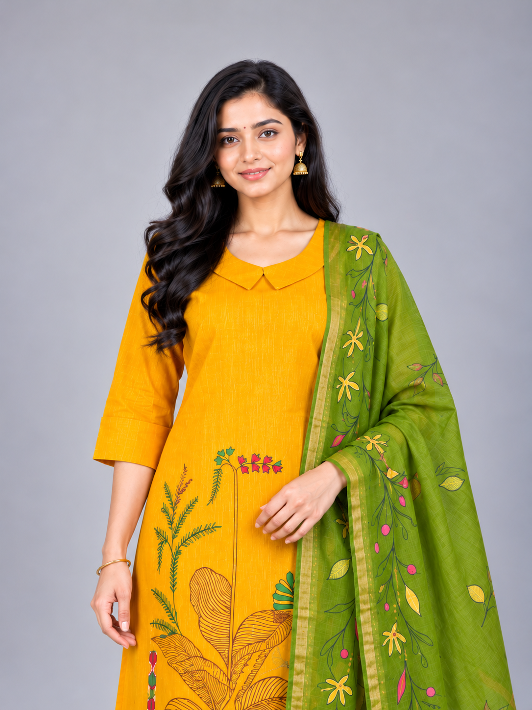 Premium Mustard Yellow Printed Cotton 3PC Kurti Set with Floral Design & Collar Neck | Straight Pant & Olive Green Printed Dupatta | Ready to Wear