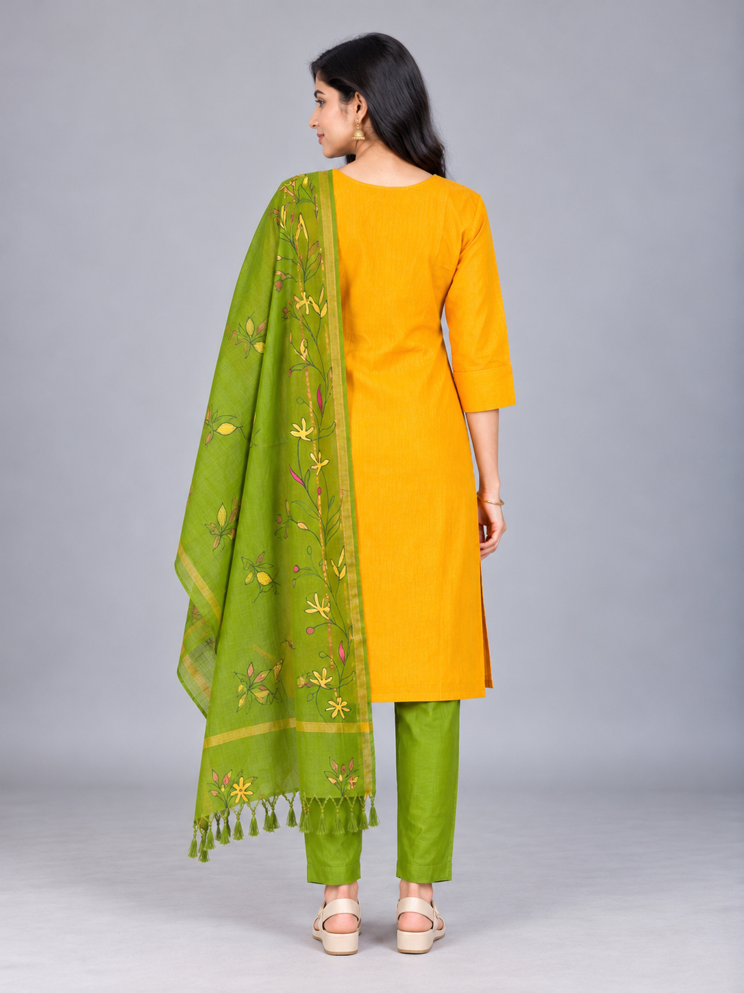 Premium Mustard Yellow Printed Cotton 3PC Kurti Set with Floral Design & Collar Neck | Straight Pant & Olive Green Printed Dupatta | Ready to Wear